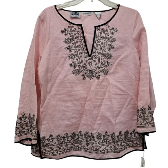 Richard Malcolm Irish Linen Embroidered Modest Top Size 10 Pink/Black NWT - Picture 1 of 15